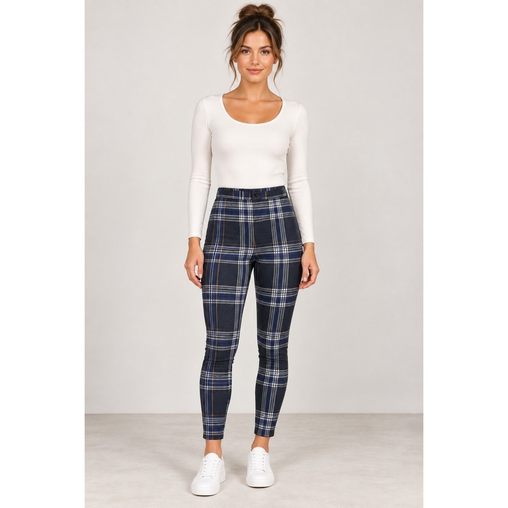 Free People Carnaby Plaid Pants Women's 2 Navy Blue Skinny Ankle Preppy